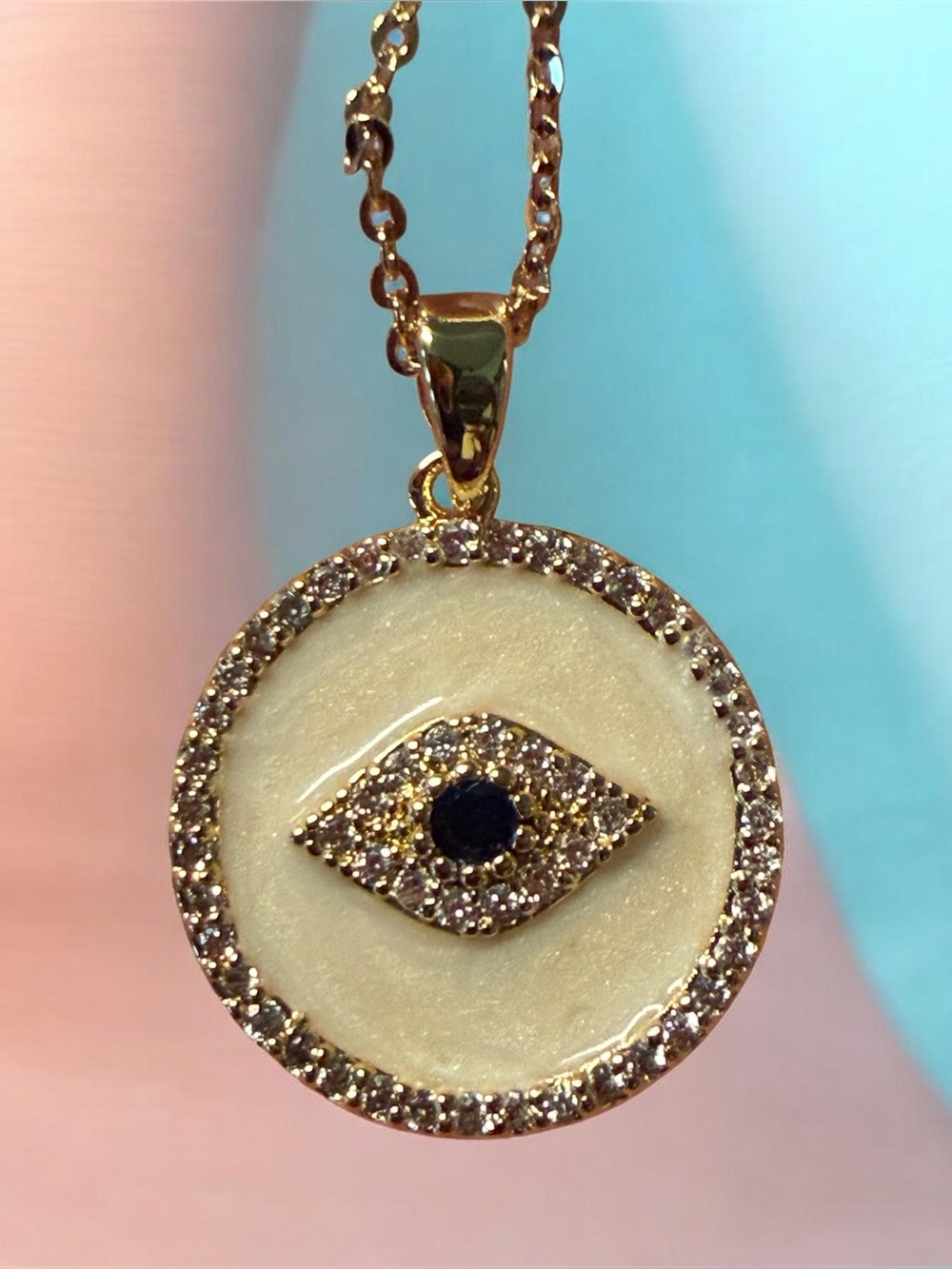 NEW-14k gold plated and White Enamel Evil Eye Pendant Necklace. 16” with 2” ext